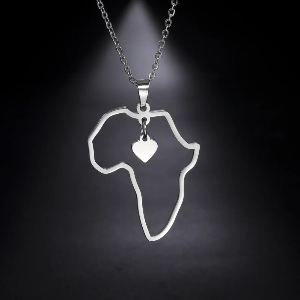 Trendy African Map Pendant Necklace for Women – Stainless Steel Geometric Motherland Necklace, Gold, Rose Gold, or Steel Color