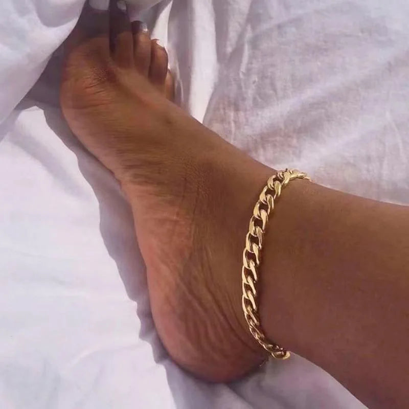 Gold Stainless Steel Cuban Curb Chain Anklet for Women – Adjustable Trendy Beach Anklet Bracelet