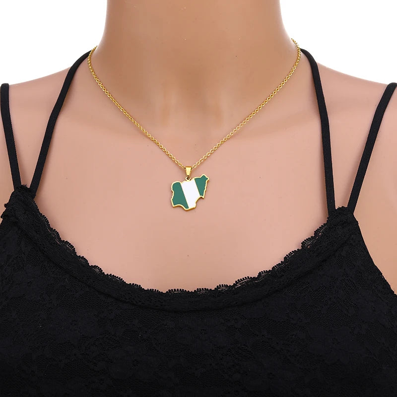 Trendy Africa Nigeria Map Flag Pendant Necklace for Men & Women – Gold & Silver Stainless Steel African Jewelry Gift