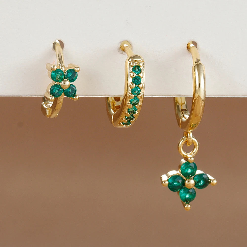 3-Piece Stainless Steel Flower Drop Earrings Set with Cubic Zirconia – Hypoallergenic Floral Dangle Earrings for Women
