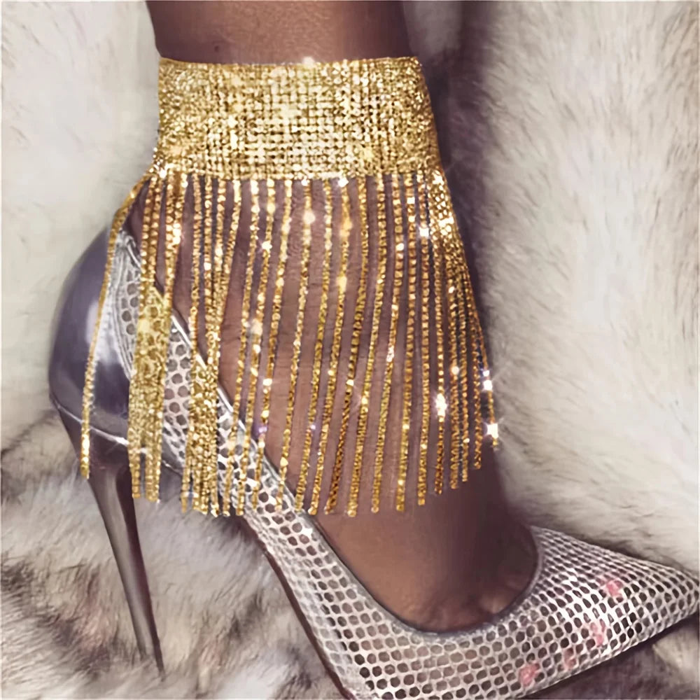 Rhinestone Tassel Anklet for Women – Sparkling Crystal Chain Anklet, Elegant Party & Bridal Foot Jewelry