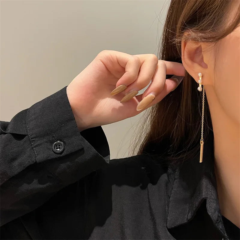 Elegant Pearl Long Tassel Drop Earrings – Fashion Metal Chain Jewelry for Women