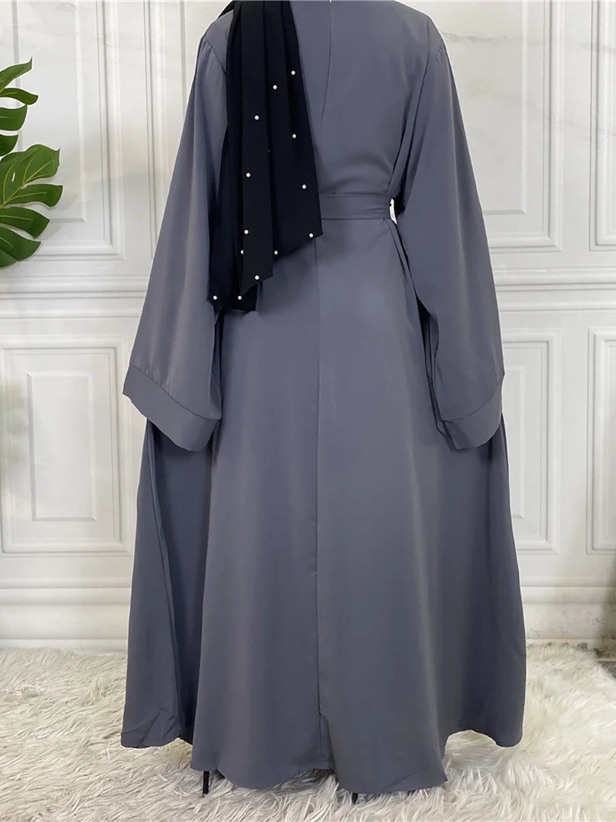 Elegant Modest Maxi Dress with Waist Tie – Long Sleeve Woven Abaya Style Dress for Women (All Season)