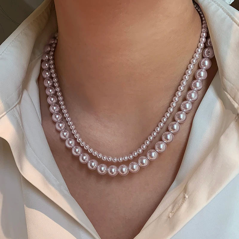 Rose Purple Simulated Pearl Beaded Necklace – Elegant Gold Plated Clavicle Chain for Women