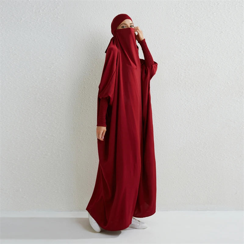 Elariah Hooded Modest Abaya Dress – Loose Fit One-Piece Jilbab with Smocked Sleeves (Black)