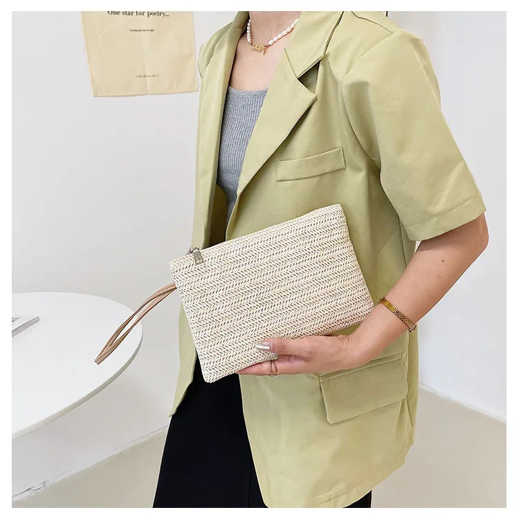 Elariah Woven Straw Wristlet Clutch Bag – Bohemian Summer Beach Handbag with Zipper (White, Khaki, Beige)