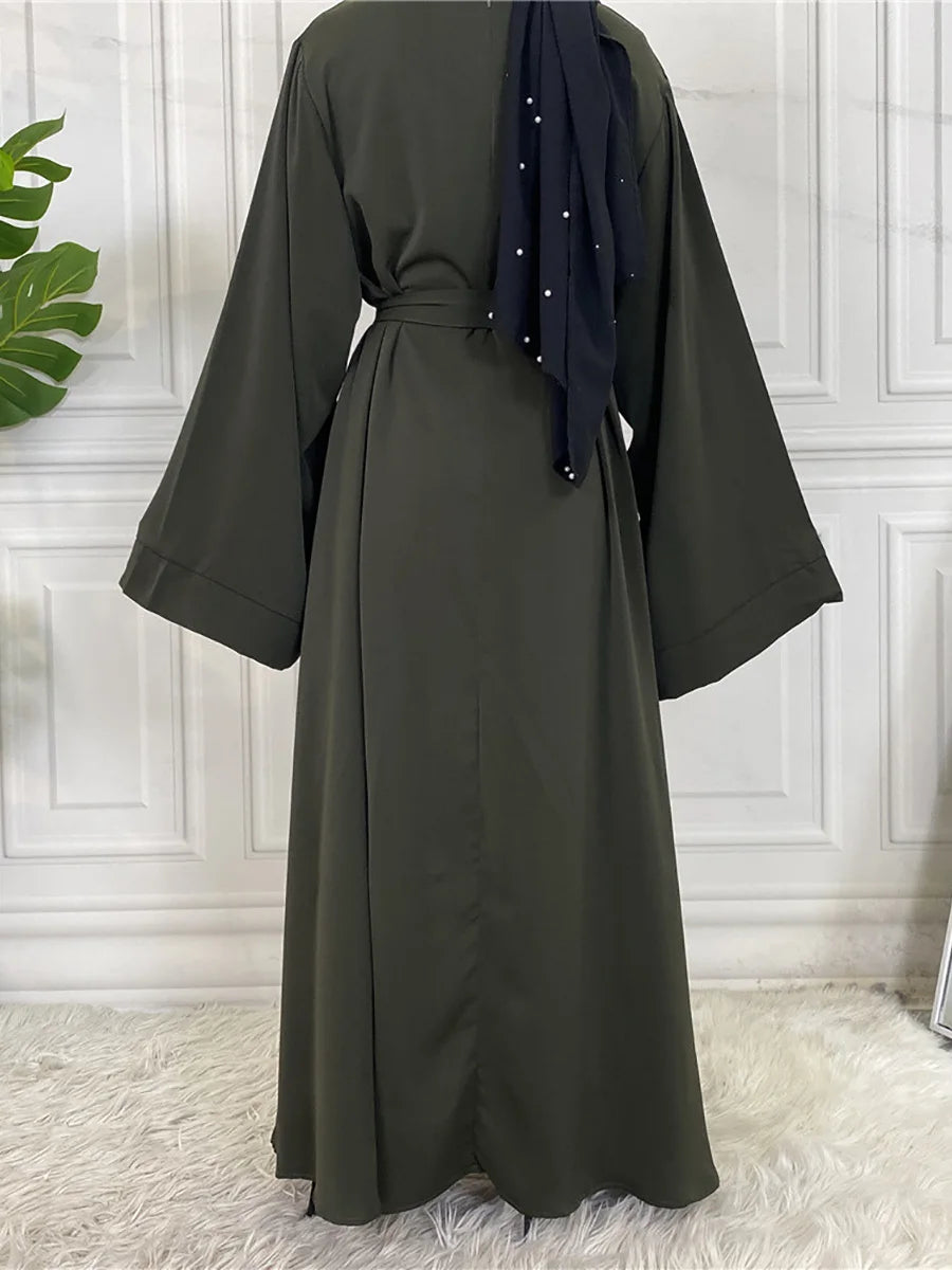 Elegant Modest Maxi Dress with Waist Tie – Long Sleeve Woven Abaya Style Dress for Women (All Season)