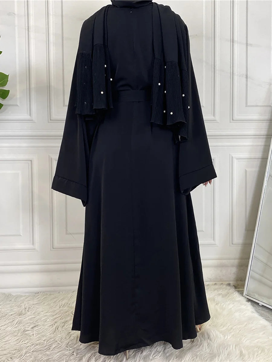 Elegant Modest Maxi Dress with Waist Tie – Long Sleeve Woven Abaya Style Dress for Women (All Season)