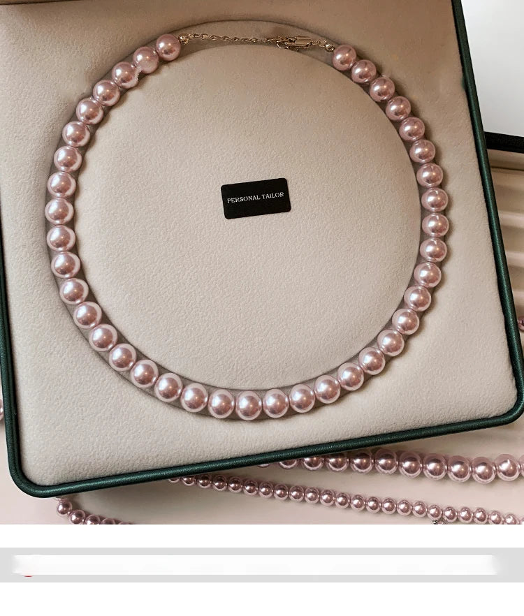 Rose Purple Simulated Pearl Beaded Necklace – Elegant Gold Plated Clavicle Chain for Women
