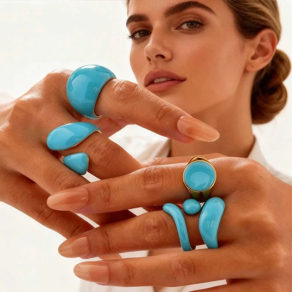 Chunky Enamel Twist Ring for Women – Gold Plated Stainless Steel Open Crossover Statement Ring, Waterproof Stackable Band (Blue/Green/Pink)