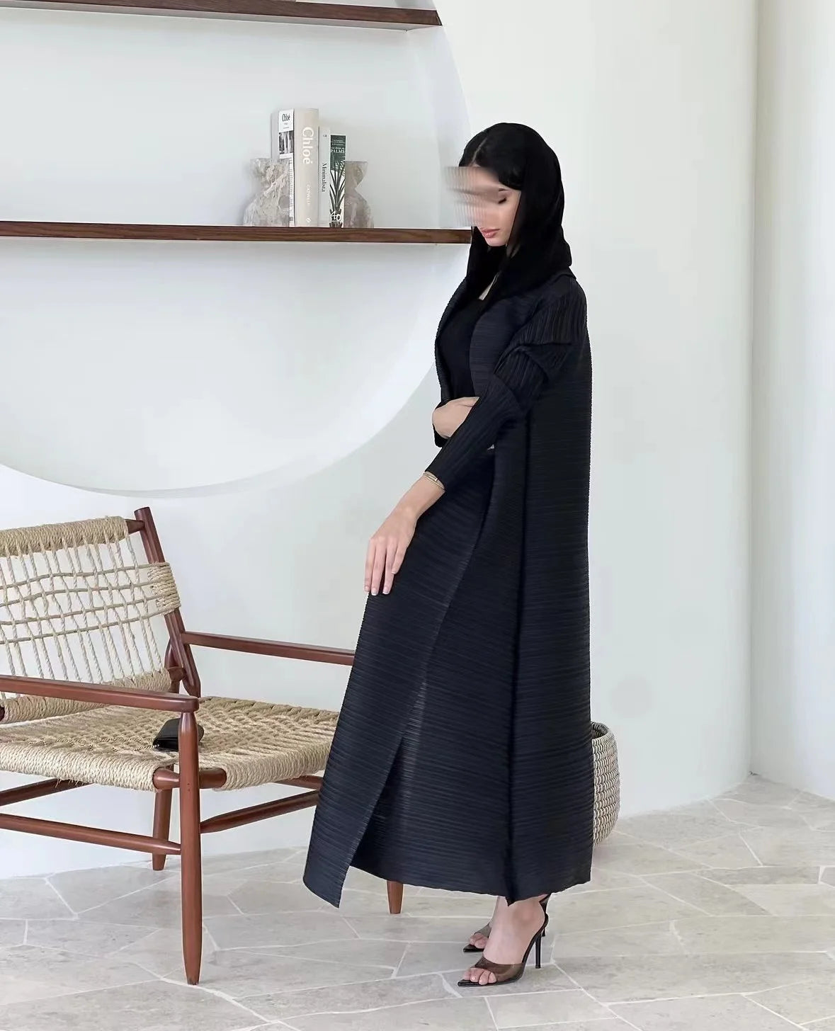 Elariah Retro Printed Pleated Abaya Coat – Belted Chiffon Maxi Modest Windbreaker Jacket for Women (One Size)