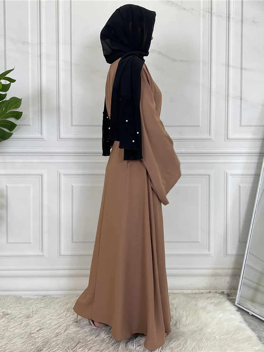 Elegant Modest Maxi Dress with Waist Tie – Long Sleeve Woven Abaya Style Dress for Women (All Season)