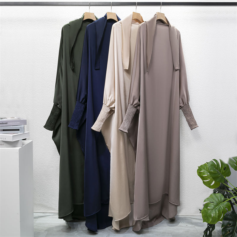 Elariah Hooded Modest Abaya Dress – Loose Fit One-Piece Jilbab with Smocked Sleeves (Black)