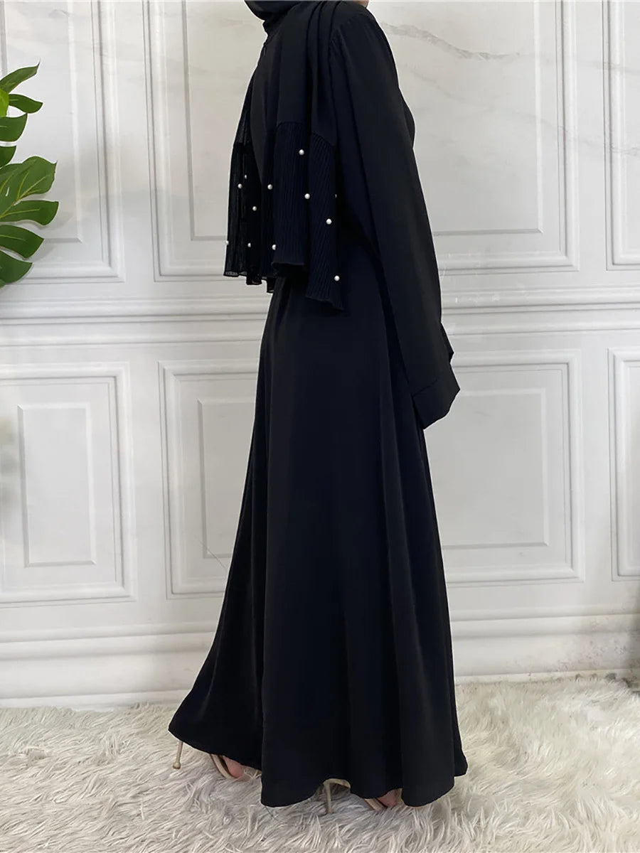 Elegant Modest Maxi Dress with Waist Tie – Long Sleeve Woven Abaya Style Dress for Women (All Season)