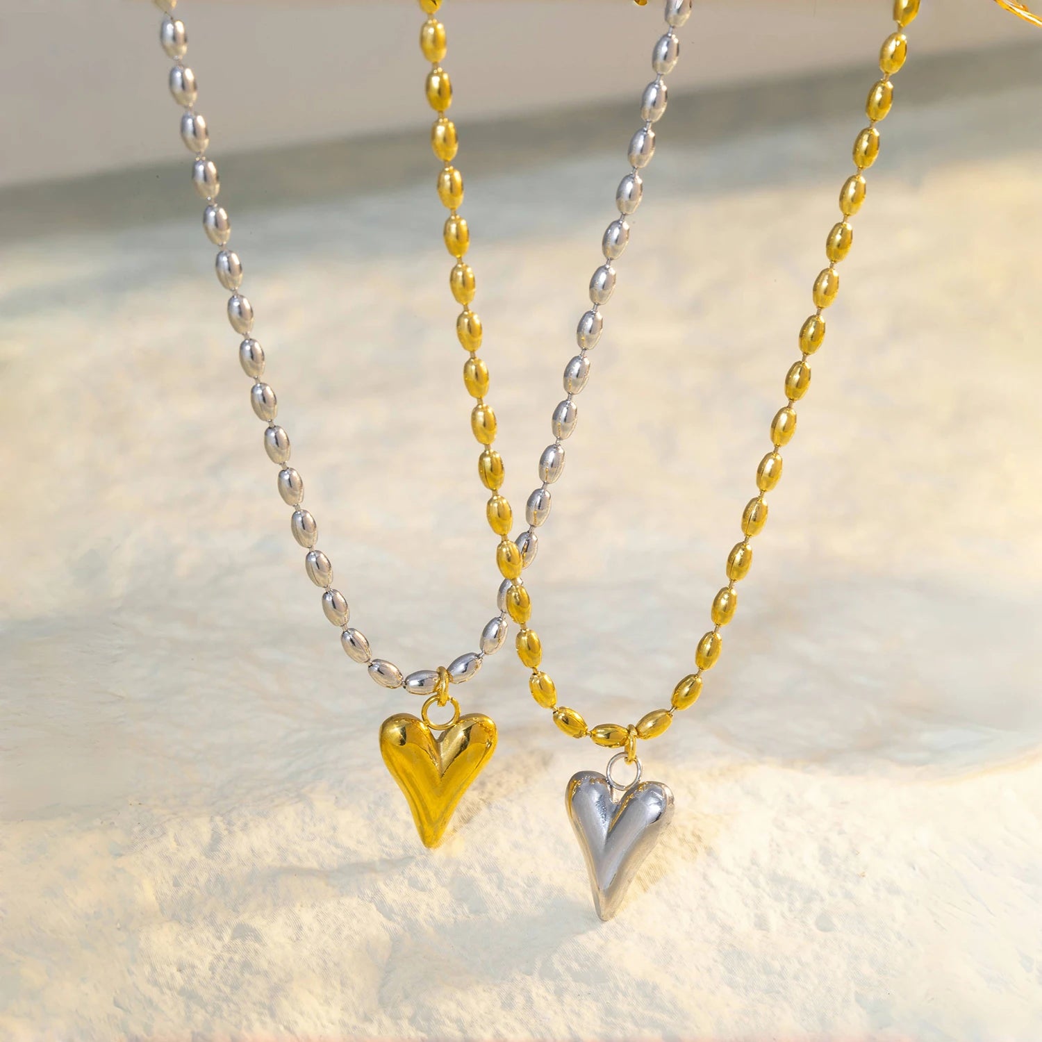 18K Gold Plated Heart Pendant Necklace – Stainless Steel Bead Chain, Dainty Romantic Jewelry for Women