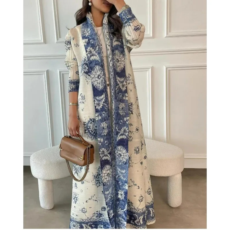 Elariah Retro Printed Pleated Abaya Coat – Belted Chiffon Maxi Modest Windbreaker Jacket for Women (One Size)