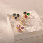 Luxury Gold-Plated Heart Ring with Colorful Zircon Stones – Adjustable Stainless Steel Cocktail Ring for Women