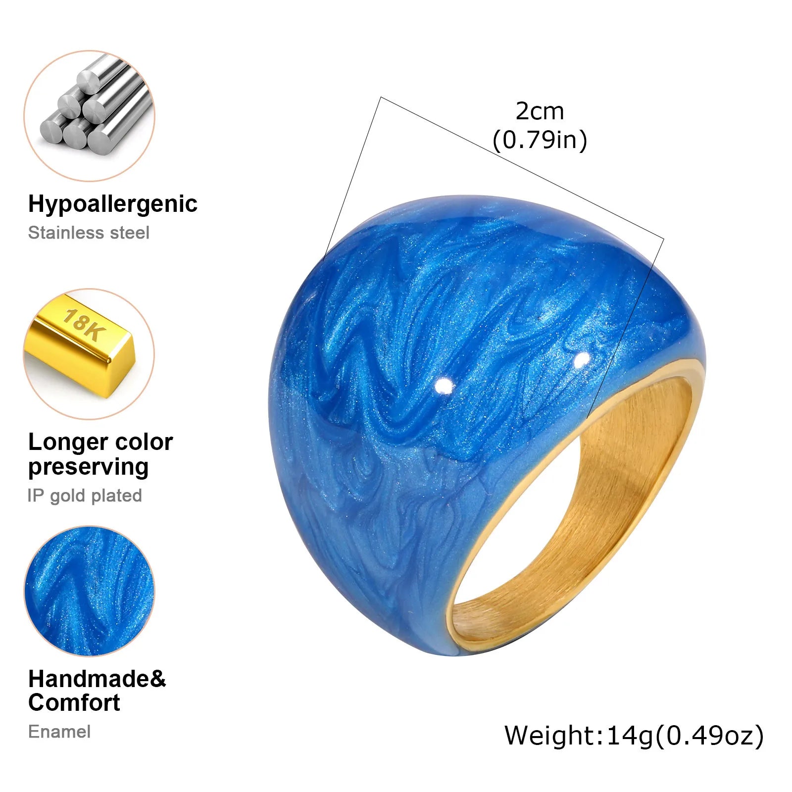 Chunky Enamel Twist Ring for Women – Gold Plated Stainless Steel Open Crossover Statement Ring, Waterproof Stackable Band (Blue/Green/Pink)