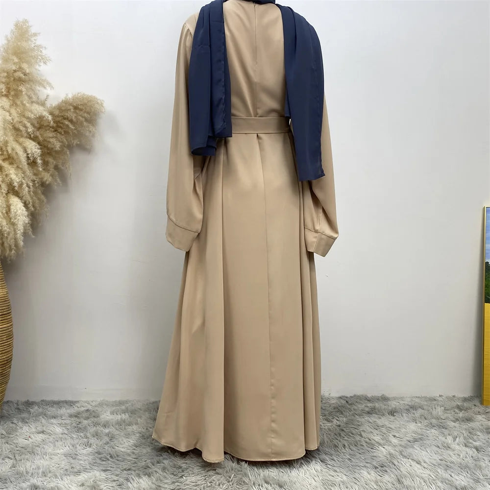 Elegant Modest Maxi Dress with Waist Tie – Long Sleeve Woven Abaya Style Dress for Women (All Season)