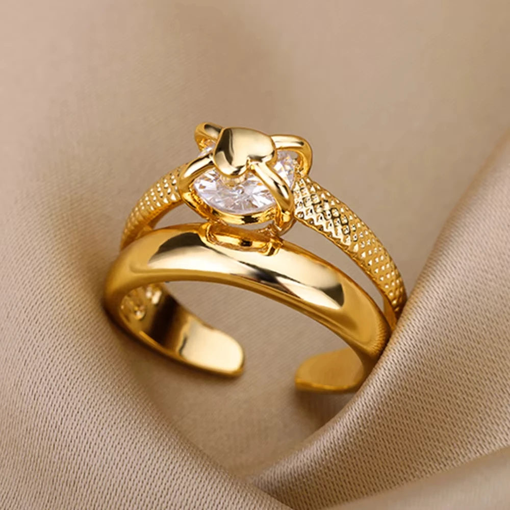 ELARIAH 18K Gold Plated Zircon Geometric Open Ring – Adjustable Stainless Steel Wedding & Party Band for Women