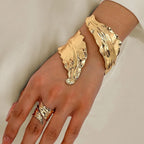 Vintage Gold Leaf Bracelet & Adjustable Ring Set for Women – Pleated Leaf Design, Elegant Gold Tone Jewelry Set
