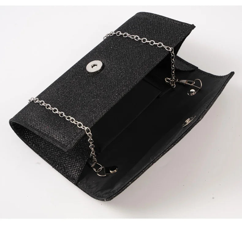 Elariah Shimmer Envelope Clutch Bag – Silver Glitter Evening Handbag with Chain Strap for Weddings & Party Wear