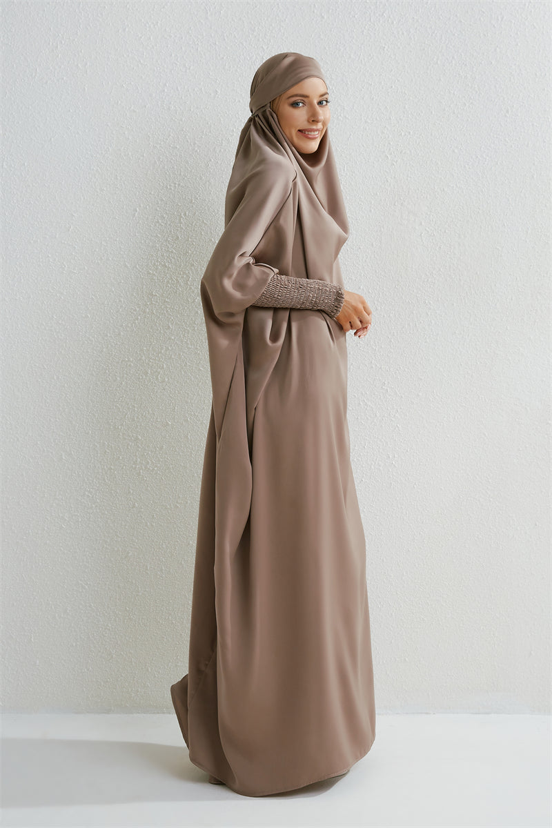 Elariah Hooded Modest Abaya Dress – Loose Fit One-Piece Jilbab with Smocked Sleeves (Black)