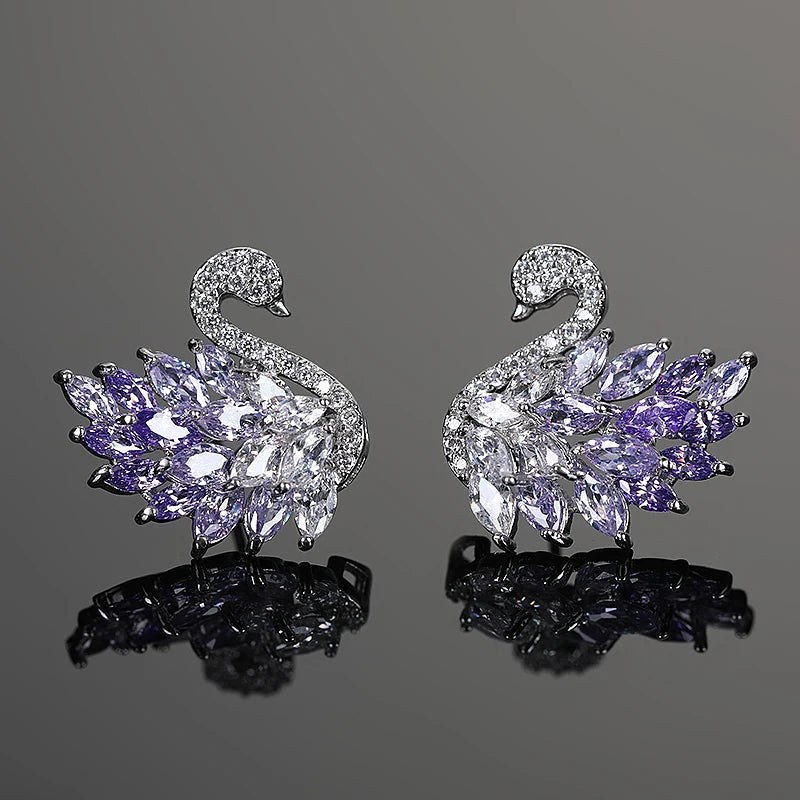 Swan Zircon Stud Earrings for Women – Gold Plated Copper Long Swan Earrings with Micro-Pavé Cubic Zirconia | Elegant Goddess Style Jewelry