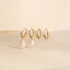 2-Pair Set Vintage Pearl Dangle Hoop Earrings – 18K Gold Plated Stainless Steel Hoops for Women