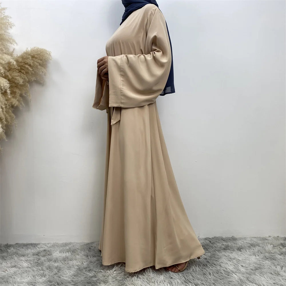 Elegant Modest Maxi Dress with Waist Tie – Long Sleeve Woven Abaya Style Dress for Women (All Season)