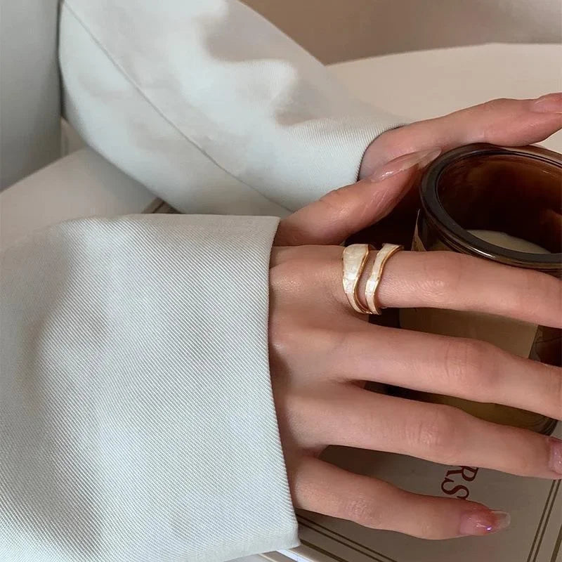 Vintage White Enamel Geometric Adjustable Ring – Irregular Open Shape Cocktail Ring for Women