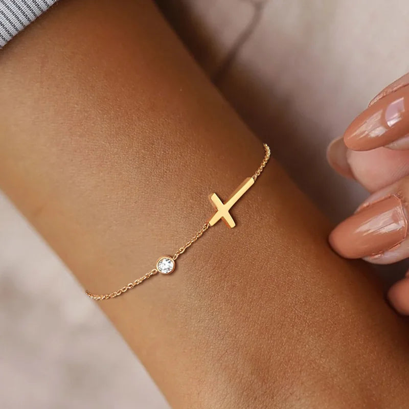 Minimalist Cross, Crescent Moon & Star Charm Bracelet for Women – Stainless Steel Thin Chain Adjustable Gold Layered Bracelet