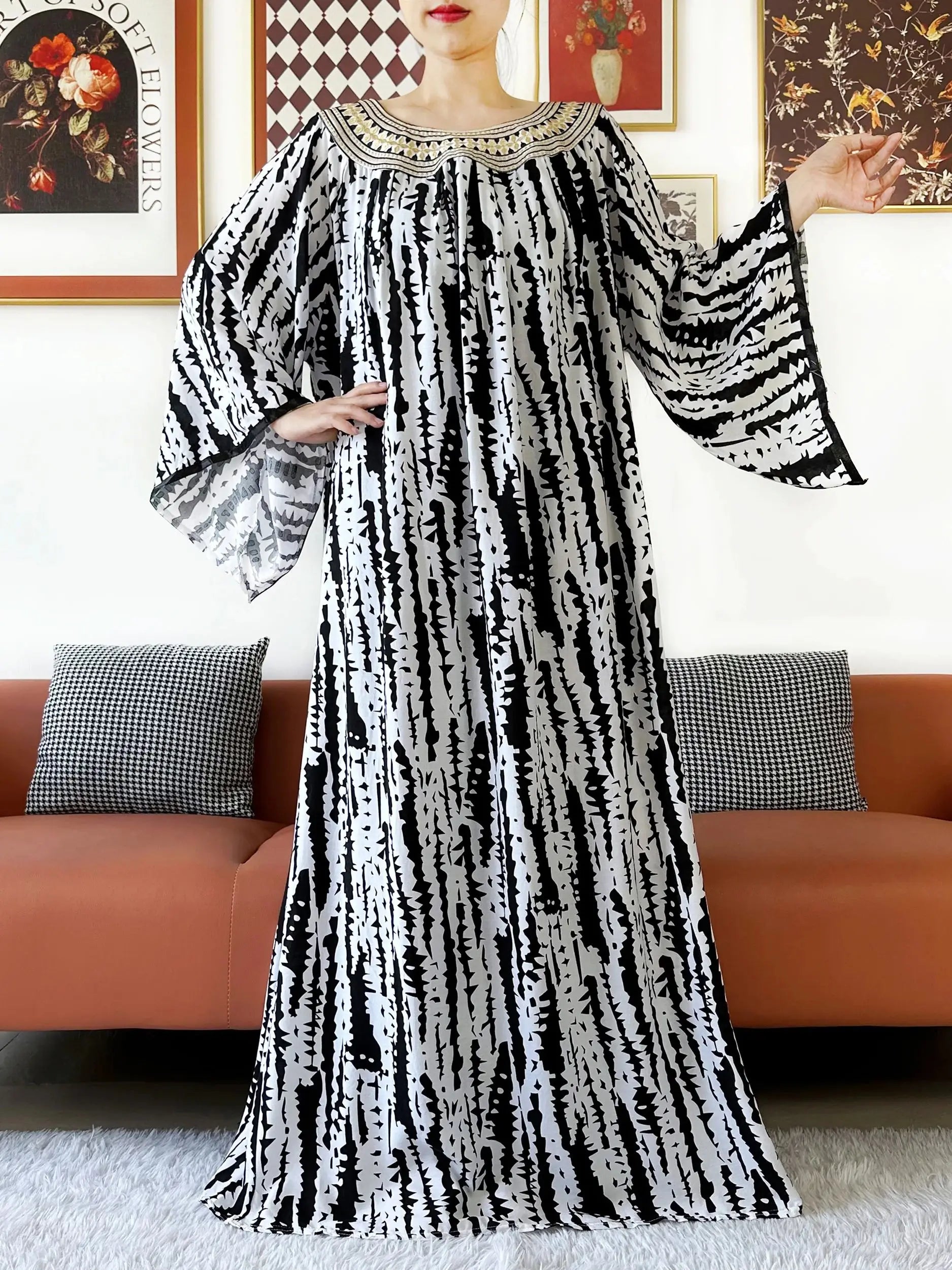 Embroidered Cotton Abaya Dress – Loose Boho Maxi Kaftan with Tassel Detail (One Size, 6 Colours)