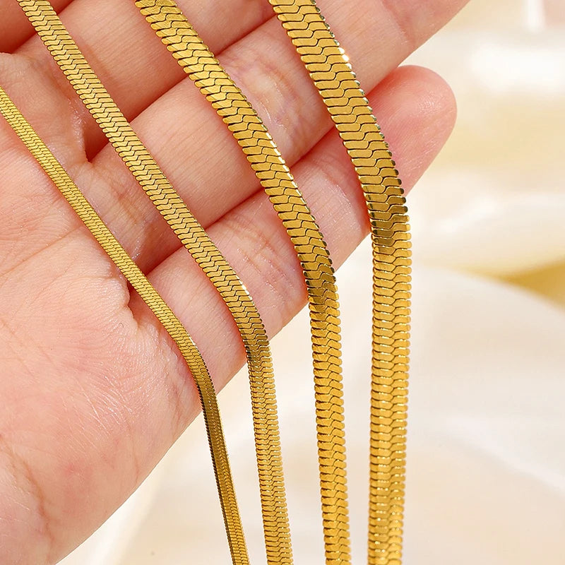 Classic Flat Snake Chain Choker Necklace – Stainless Steel Herringbone Design in Gold & Silver