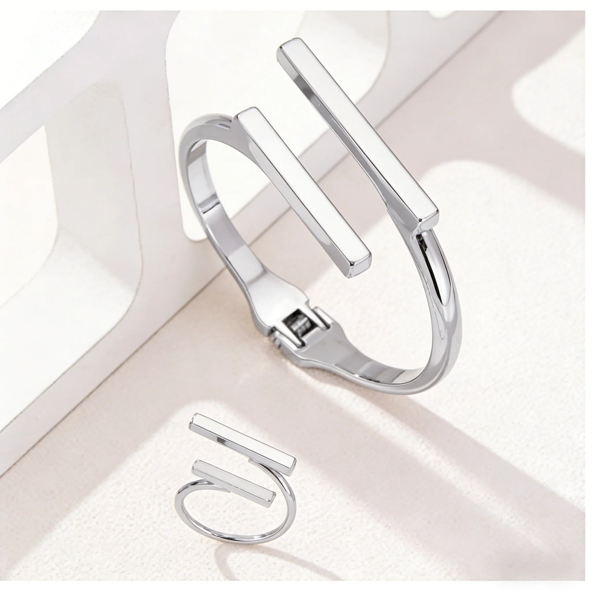 Geometric Open Bracelet & Ring Set for Women – Minimalist Stainless Steel Cuff Bangle and Adjustable Ring Jewelry Set