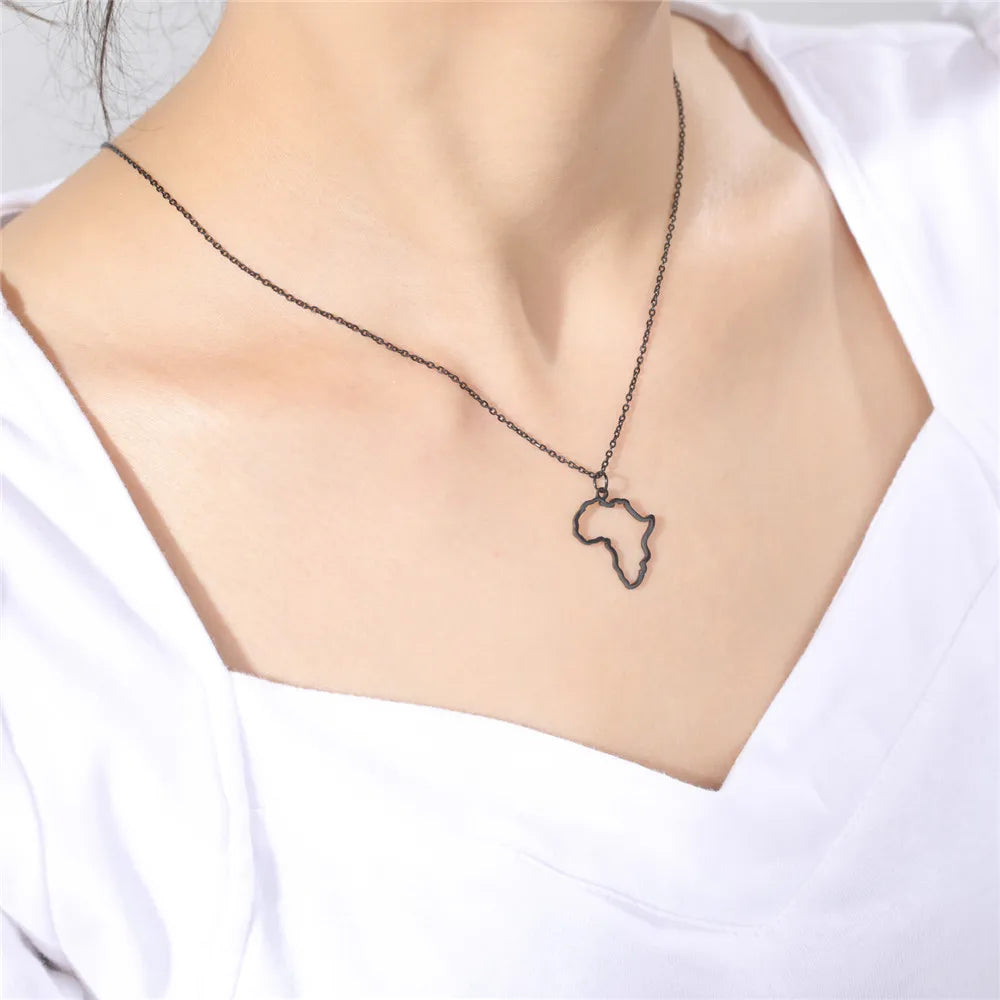 Trendy African Map Pendant Necklace for Women – Stainless Steel Geometric Motherland Necklace, Gold, Rose Gold, or Steel Color