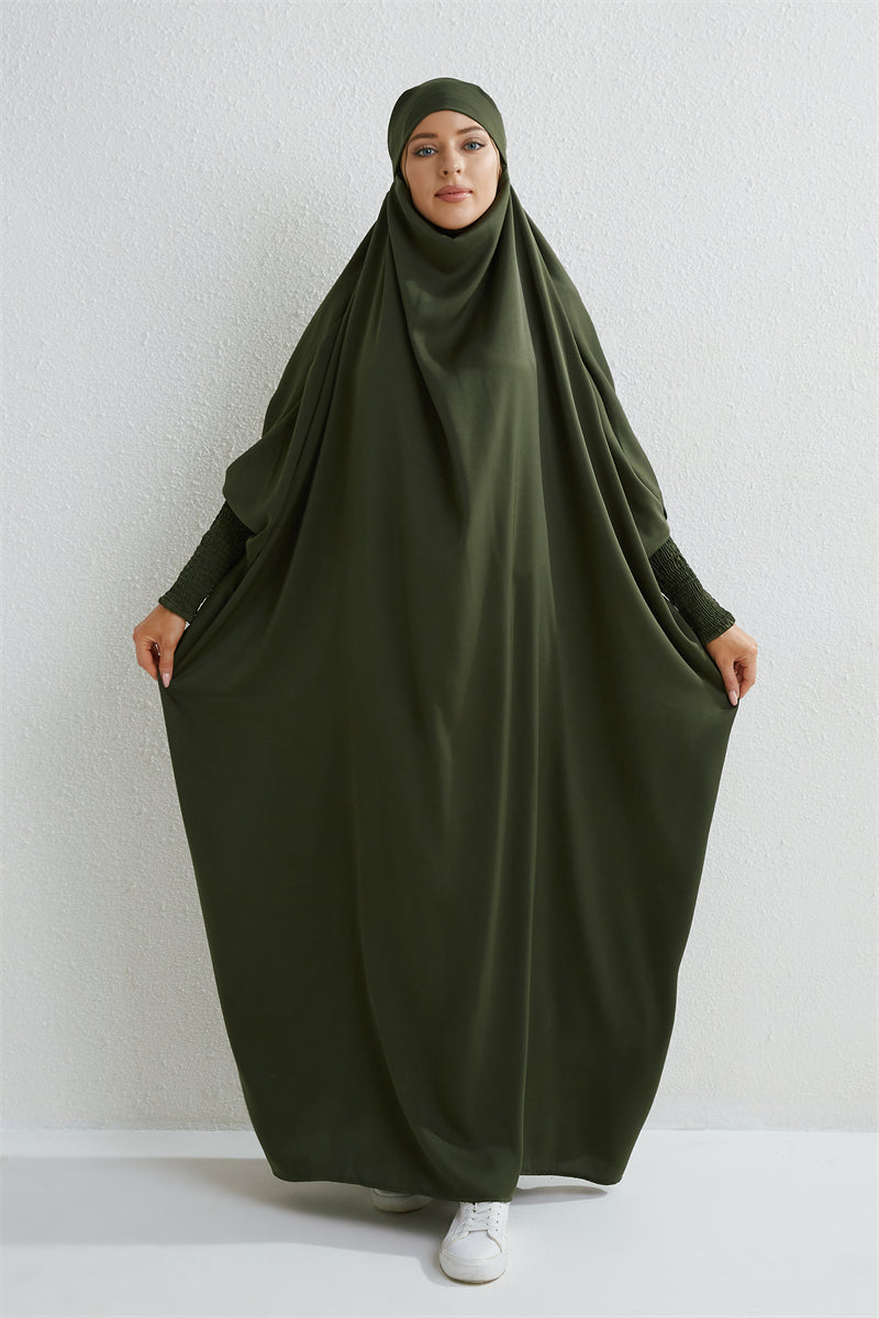 Elariah Hooded Modest Abaya Dress – Loose Fit One-Piece Jilbab with Smocked Sleeves (Black)