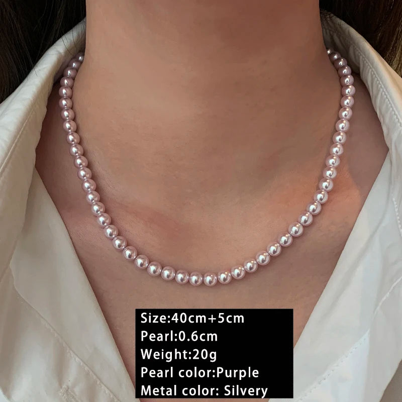 Rose Purple Simulated Pearl Beaded Necklace – Elegant Gold Plated Clavicle Chain for Women
