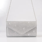 Elariah Shimmer Envelope Clutch Bag – Silver Glitter Evening Handbag with Chain Strap for Weddings & Party Wear