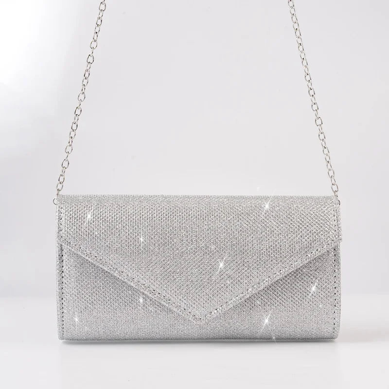 Elariah Shimmer Envelope Clutch Bag – Silver Glitter Evening Handbag with Chain Strap for Weddings & Party Wear