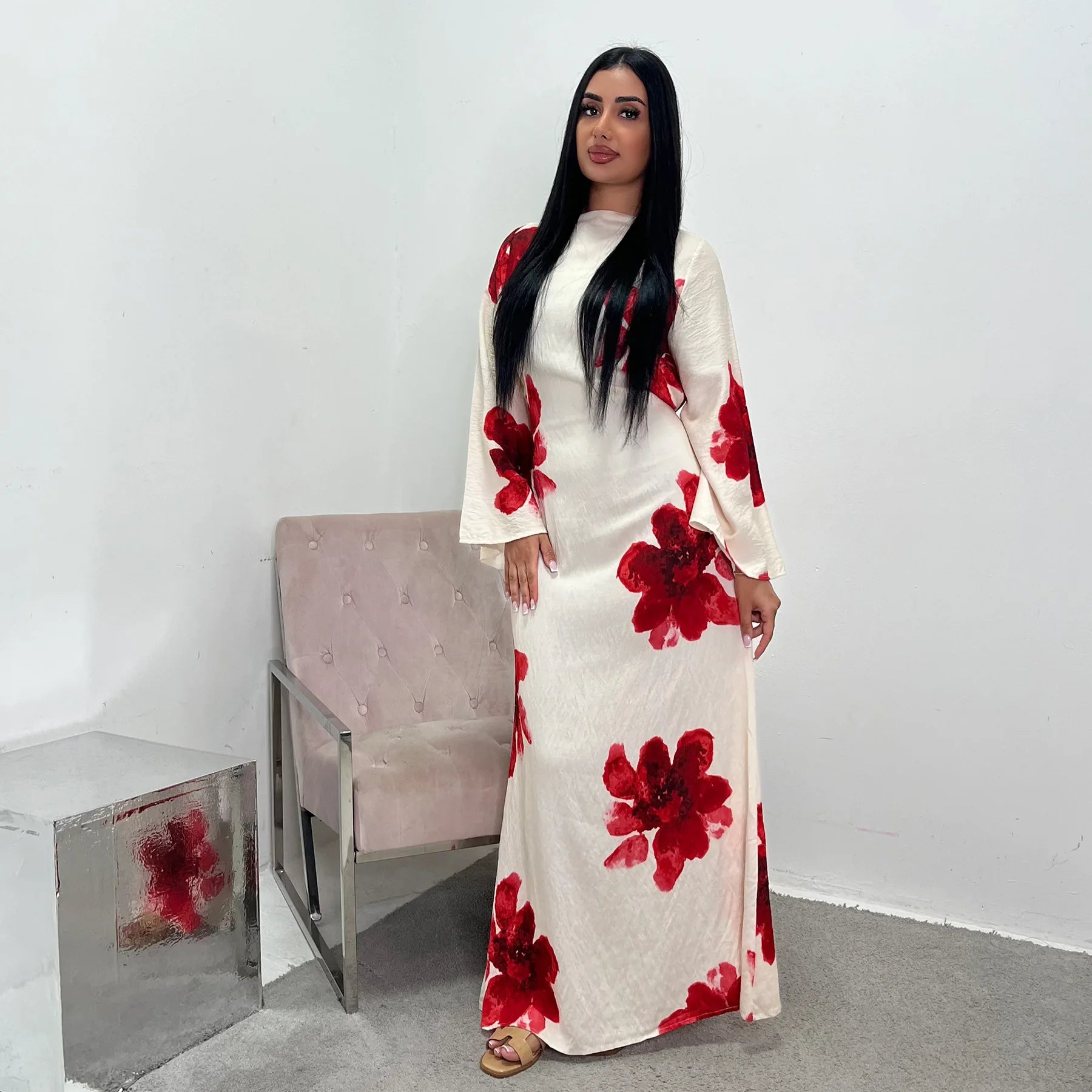 Elariah Arabesque Floral Bell Sleeve Abaya Dress – Elegant Modest Maxi Kaftan for Eid, Ramadan & Occasion Wear