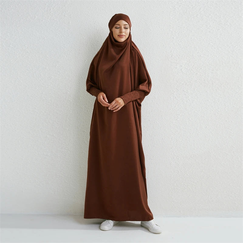 Elariah Hooded Modest Abaya Dress – Loose Fit One-Piece Jilbab with Smocked Sleeves (Black)