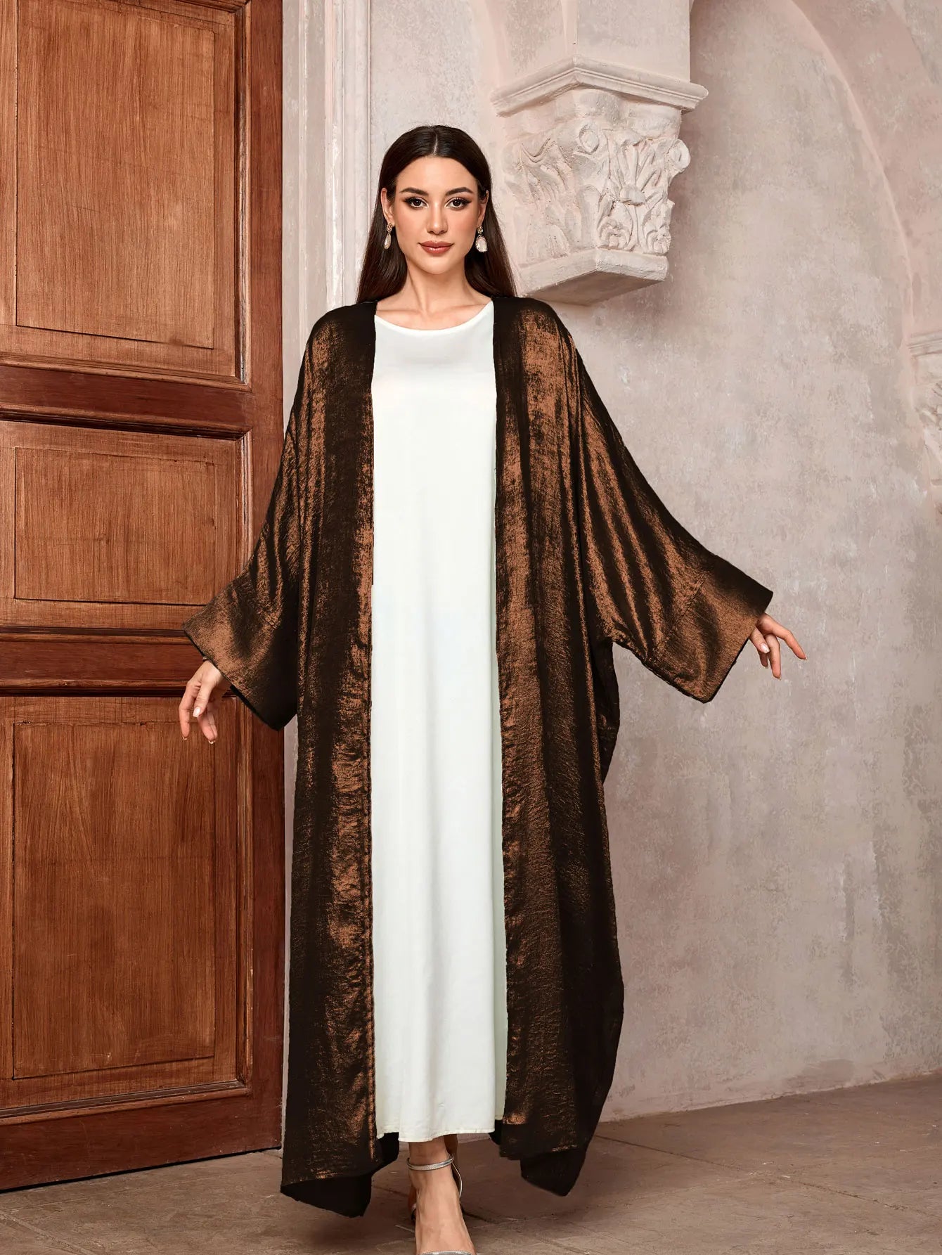Luxury Satin Batwing Abaya Kimono – Shiny Open Front Maxi Kaftan for Ramadan, Eid & Evening Wear