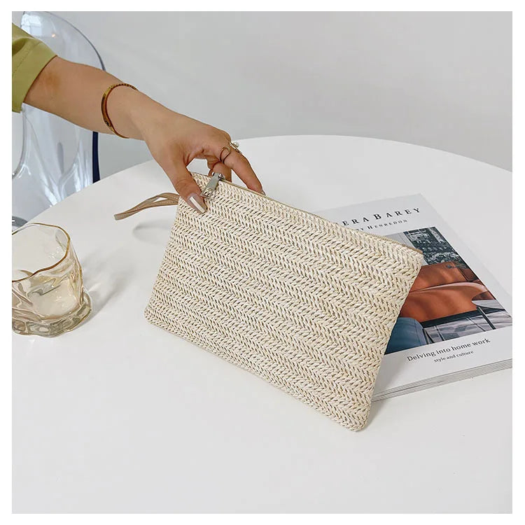 Elariah Woven Straw Wristlet Clutch Bag – Bohemian Summer Beach Handbag with Zipper (White, Khaki, Beige)