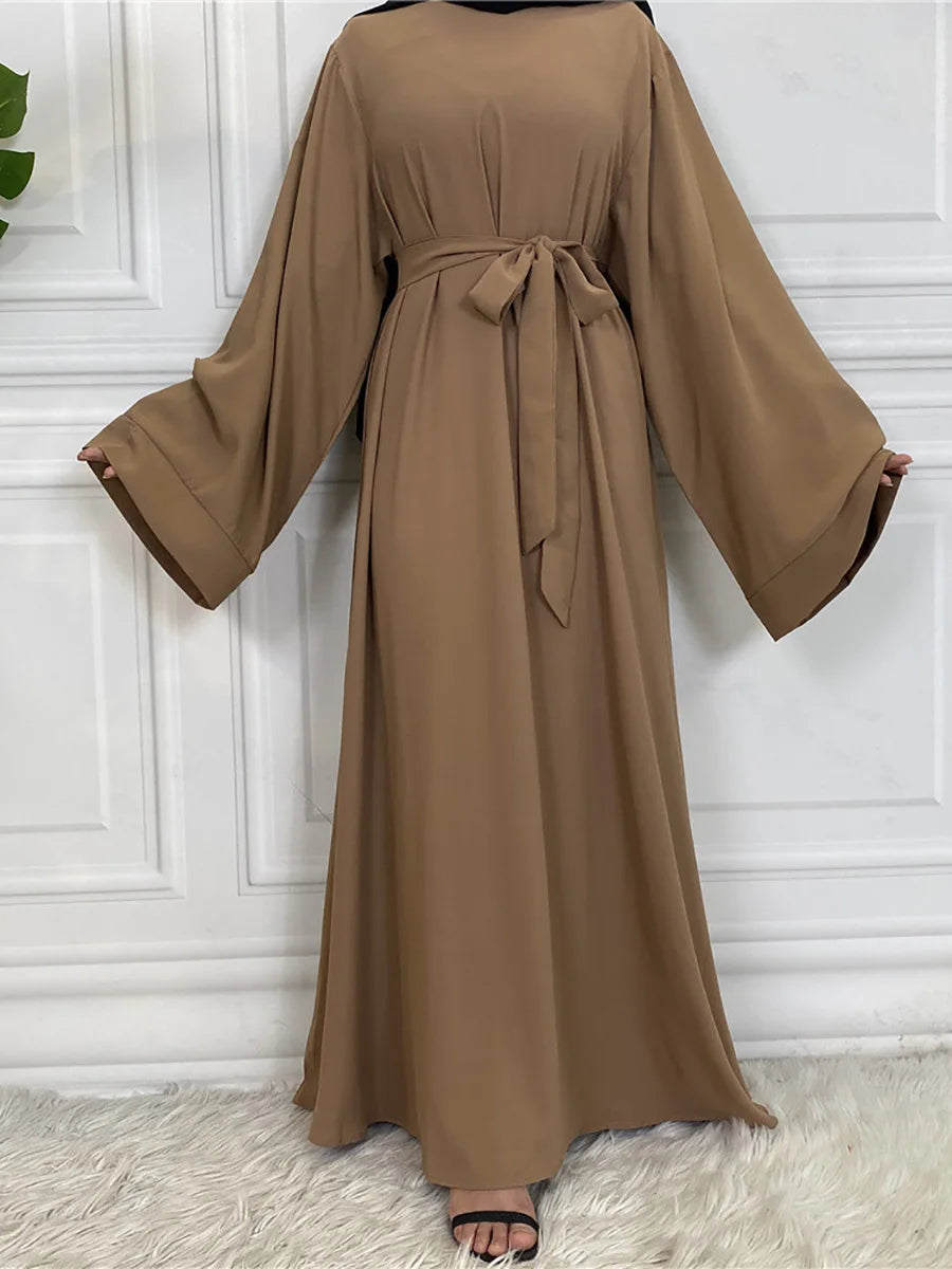 Elegant Modest Maxi Dress with Waist Tie – Long Sleeve Woven Abaya Style Dress for Women (All Season)