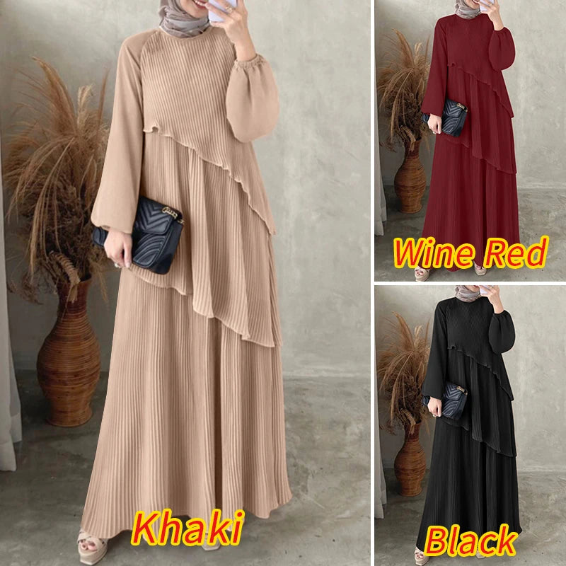 ELARIAH Pleated Lantern Sleeve Abaya Dress – Elegant Modest Maxi Kaftan (Black, Wine Red, Khaki)
