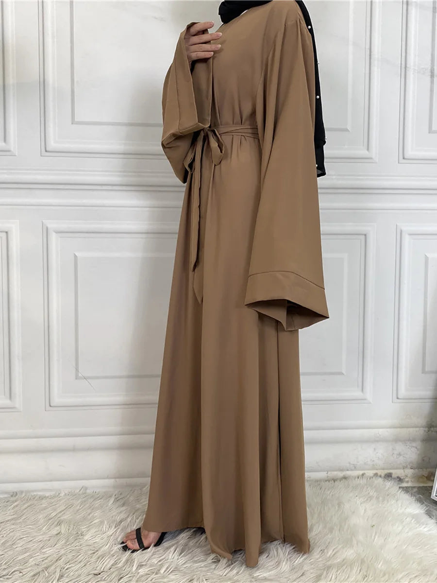 Elegant Modest Maxi Dress with Waist Tie – Long Sleeve Woven Abaya Style Dress for Women (All Season)
