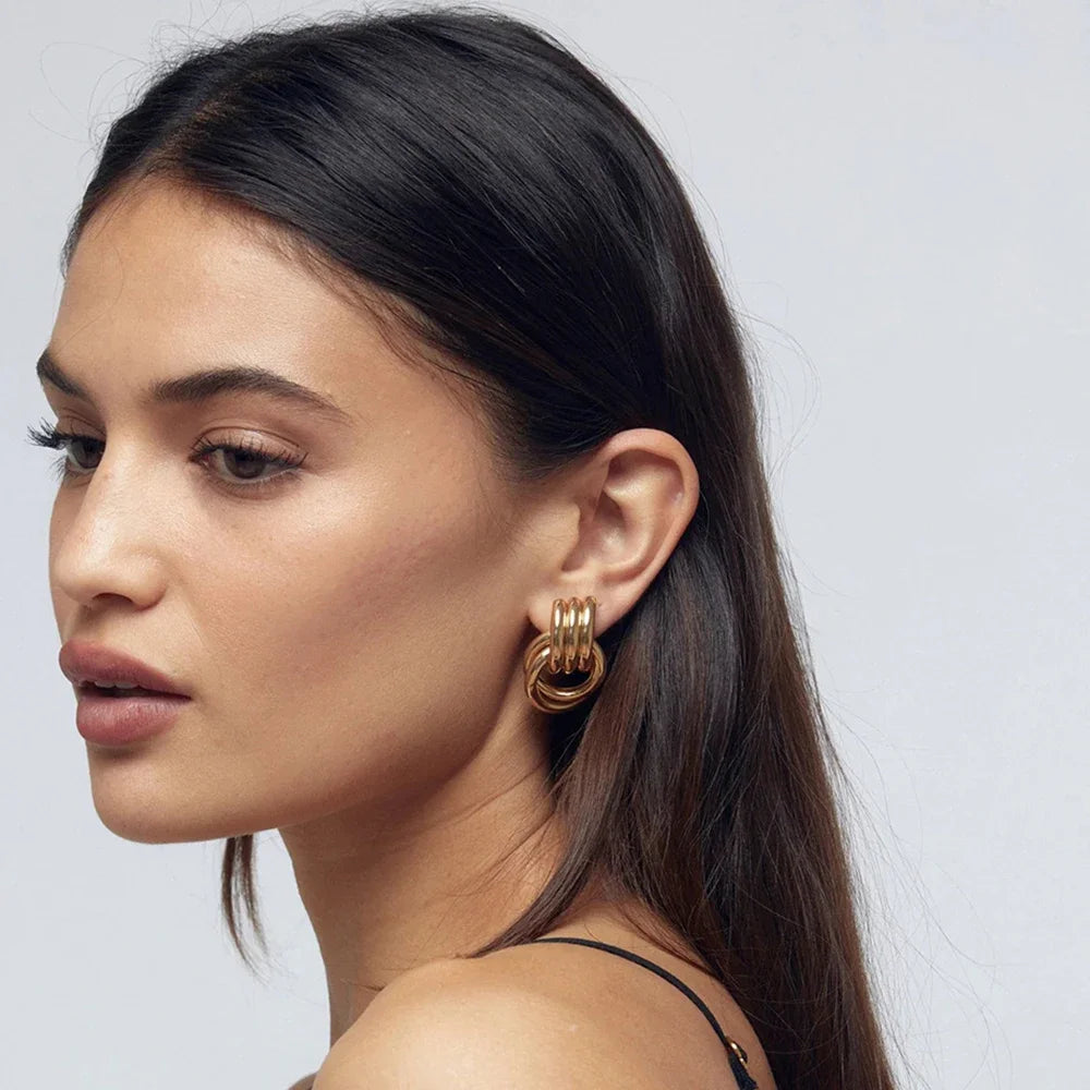 18K Gold Plated Stainless Steel Multilayer Circle Knot Drop Earrings for Women – Textured Statement Round Earrings