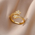 ELARIAH 18K Gold Plated Zircon Geometric Open Ring – Adjustable Stainless Steel Wedding & Party Band for Women