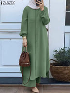Elariah Modest Co-Ord Abaya Set – Long Sleeve Button Shirt & Wide-Leg Trousers | Casual Islamic Outfit for Women